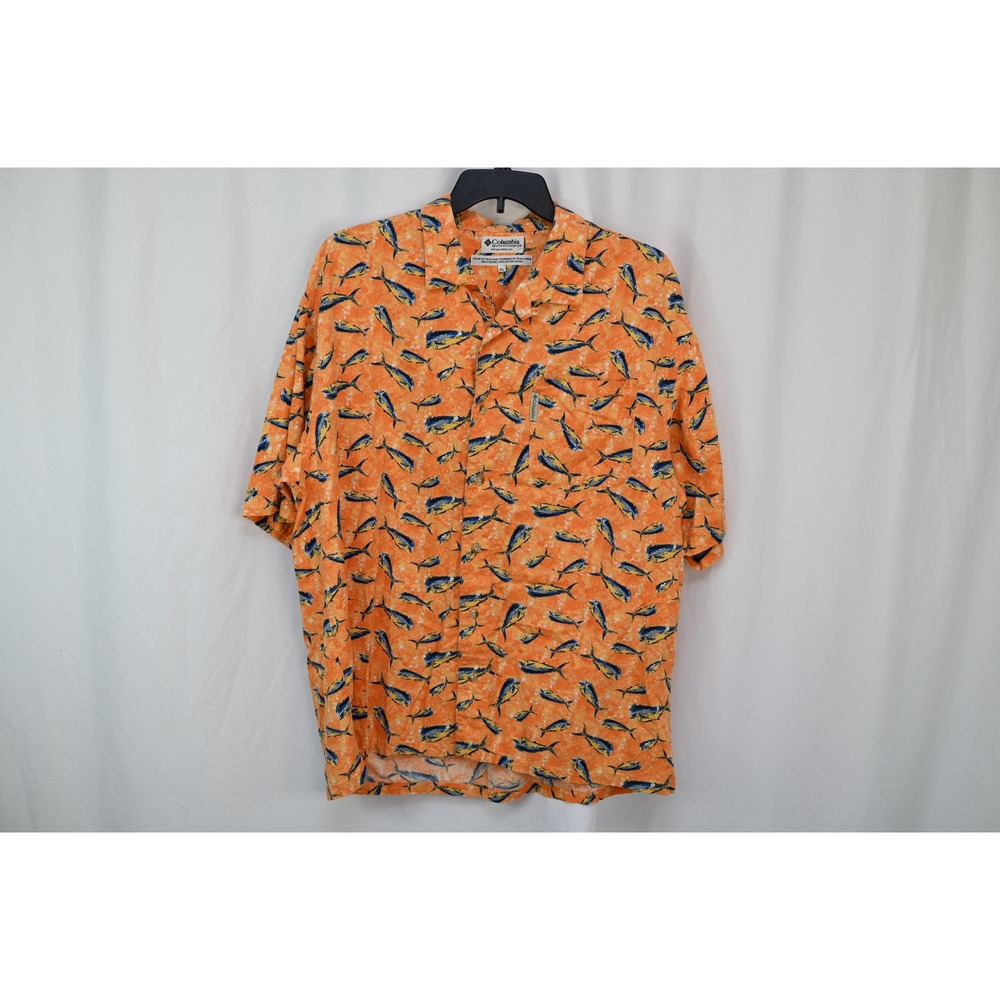 Columbia Mens XL Orange Mahi Mahi Fish Print Short Sleeve Button Up Shirt